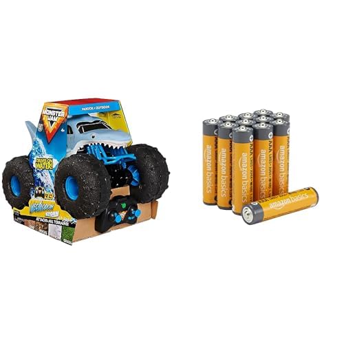 Monster Jam Megalodón RC, 1:15, Anfibio, 4+ años, & Pilas AAA Alcalinas Amazon Basics 12 Unidades, 10 años
