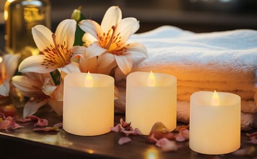 Image of 3x3 Flickering Flameless Candles Set of 3,3 inch Real Wax LED 600 Hours Battery Candles with Timer Remote,Control for Wedding Party Indoor,White
