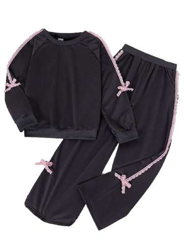 SHENHE Girl's Sweatsuit Set 2 Piece Outfits Bow Lace Crewneck Sweatshirt and Loose Sweatpants Tracksuit