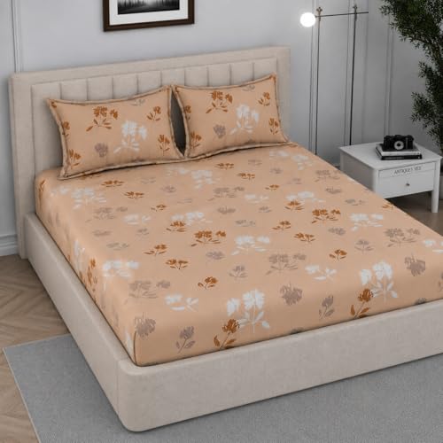 Image of 350 TC Premium Heavy Cotton Feel Elastic Fitted Bedsheet Queen Size with 2 Pillow Covers || Double Bed with All Around Elastic (Honey Blossom, Fitted - Double72x72)