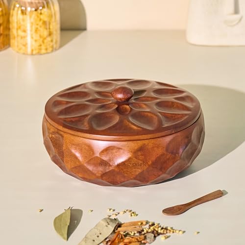 Image of Brick Brown Saku Wooden Masala Box with Lid | Spice Box Organizer Storage Box with 7 Stainless Steel Containers & Wooden Spoon | Hand-Carved Masala Dani Spice Rack for Kitchen 8.5x 8.5 x 4.5 Inch