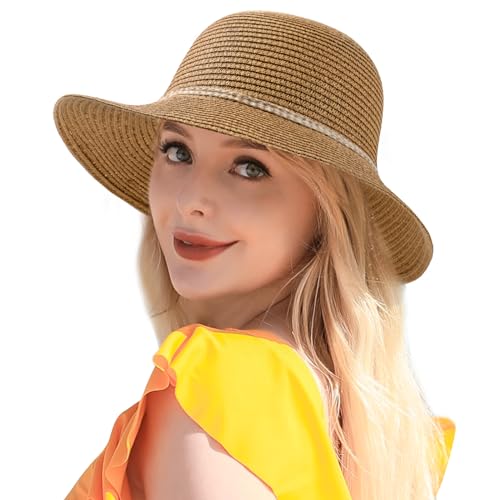 Image of Beach Sun Straw Hats for Women, UPF 50+ UV Sun Protection Wide Brim Summer Straw Hat Foldable Packable Roll up Cap