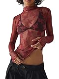 Lshyuehao Women's Mesh Tops Lace Tops for Women Sexy Long Sleeve See Through Shirts Y2K Lace Top Layering Blouses (A-Wine Red, S)