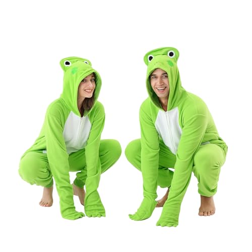 GOGOBOND Adult Onesie Pajamas Unisex Adult Frog Halloween Costumes Cosplay Fleece Animal Jumpsuit Sleepwear for Women Men (Cyan Xlarge)