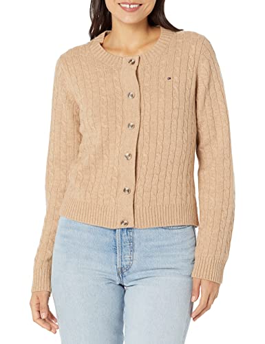 Tommy Hilfiger Women's Adaptive Wool Cable Cardigan, Dark Beige Heather, L