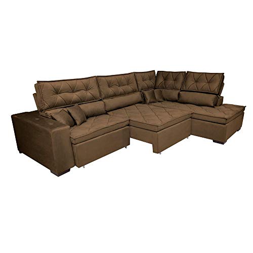 Sofa de Canto Retrátil e Reclinável com Molas Cama Inbox Platinum 3,40x2,36 Tecido Suede Café
