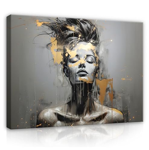 Cuadros de Salón Abstractos Mujer Oro Gris 60 x 40 cm - Moderno Lienzo Grande XXL Dormitorio Impresión Mural Diseño Listo para Colgar