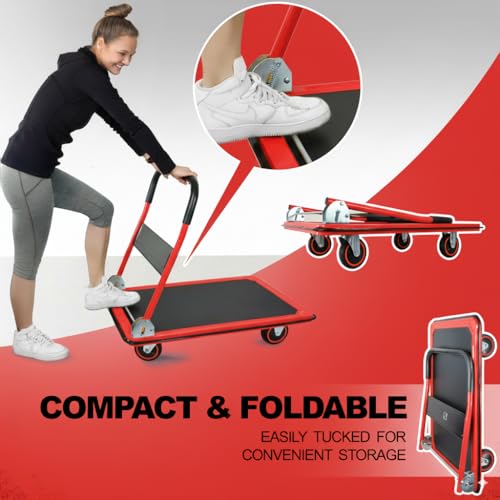 Push Cart Dolly by Wellmax, Moving Platform Hand Truck, Foldable for Easy Storage and 360 Degree Swivel Wheels with 660lb Weight Capacity, Red Color - Thumbnail 6