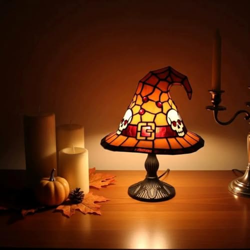 MYSNKU Halloween Ambiance Lamp Handcrafted Stained Gothic Wizard Hat Night Light Reading Book Lamp Suitable for Indoor Party & Spooky Outdoor Halloween Decoration with USB Plug (A Yellow)