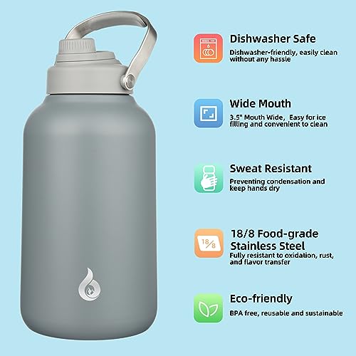 Image of BJPKPK 1 Gallon Water Bottle Insulated, Dishwasher Safe 128oz Large Water Jug with Metal Handle & BPA Free Spout Lid, Stainless Steel Metal Jug for Gym, Sports & Hiking, Grey