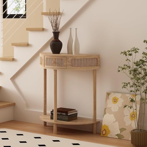 Wnutrees Rattan Half Moon Console Table, Modern Entryway Table with Drawer, Boho Sofa Table with Bottom Storage Shelf, Small Semicircular Tables for Hallway, Living Room, Natural