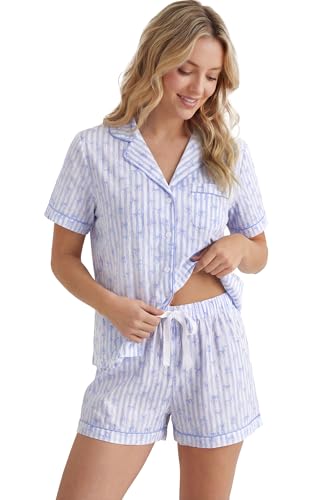Image of LUBOT 100% Cotton Pajamas for Women 2 Piece PJ Set Poplin Woven Lightweight Ladies Button Short Sleeve Sleepwear S-XXL