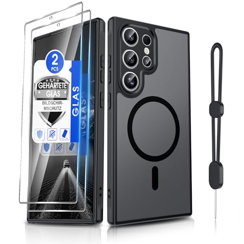Dizn Magnetisch Hülle für Samsung Galaxy S24-Ultra: für MagSafe 2*Panzerglas Folie Kameraschutz Magnet Case mit Band Matt Transluzente HandyHülle Militärstandard Schutz Jungs Cover S 24 Ultra Schwarz