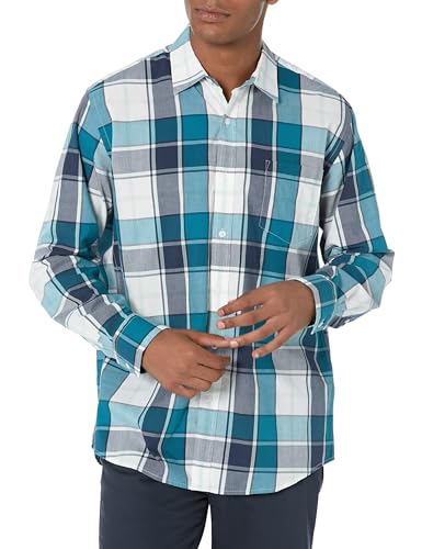 Amazon Essentials Men's Regular-Fit Long-Sleeve Casual Poplin Shirt, Teal Blue Navy Large Plaid, Large