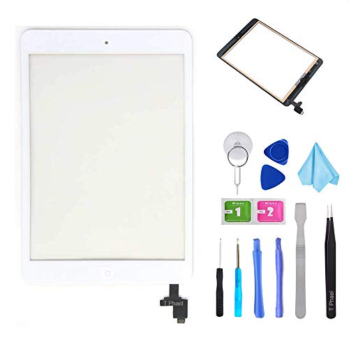 T Phael White Digitizer Repair Kit for iPad Mini 1&2 A1432 A1489 Touch Screen Digitizer Replacement with IC Chip + Home Button + Tools + Pre-Installed Adhesive