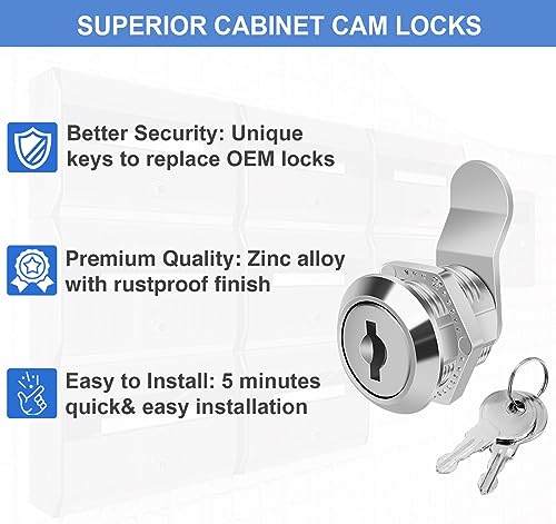Image of Cylinnda Cabinet Locks with Keys, 5 /8 inch Cam Locks Keyed Alike, Tool Box Lock for Truck Pickup Mailbox Cabinet Cam Lock Toolbox Lock Replacement Set, Zinc Alloy (20 Pack, 5 /8 Inch)