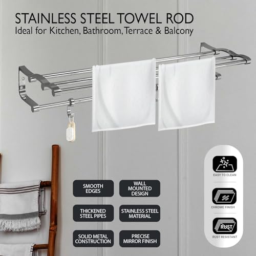 Image of Pivalo Folding Towel Rack Wall Mounted Double Aluminium Rod Napkin Holder Multipurpose Hanger Stand Bathroom Accessories Bar for Home Kitchen Washroom (Pack of 1, Silver, 1027)