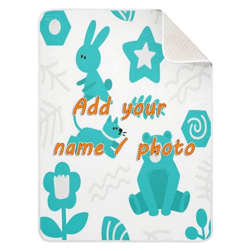 Custom Cute Turquoise Bear Rabbit Blankets for Kids Breathable Personalize Kitten Baby Name Blanket Personalized for Girls or Boys 30x40in Mantas para Bebes recien nacidos