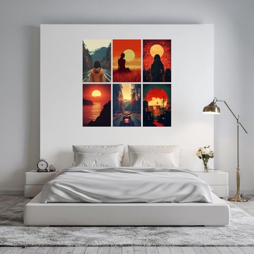 Image of SiddArtify Sunset Silhouette Wall Art Poster Print Set - Modern Landscape Decor for Living Room Bedroom Office - 12x18 inch Sticker Pack of 6