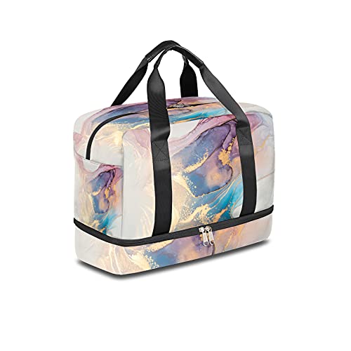 Travel Duffel Bag Abstract Colorful Marble Texture Waterproof Sports Tote Gym Bag Weekender Overnight Bag with Wet Pocket and Shoes Compartment Duffel Bag For Men Women