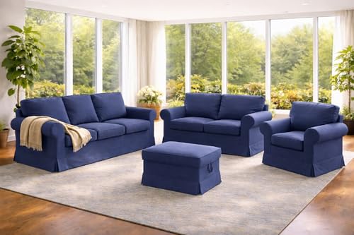 Image of Heavy Cotton Ektorp Sofa Cover Compatible with IKEA 3 Seat Sofa Slipcover | Heavy Duty Cotton Ektorp Three Seat Cover Replacement Only Blue Color