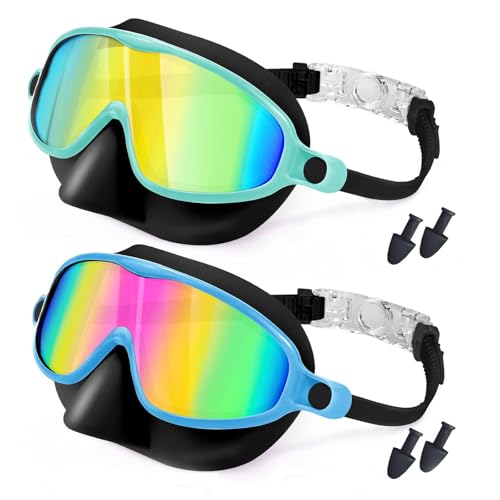 Kids Swim Goggles with Nose Cover 2 Pack Pool Goggles Anti-Fog Anti-UV Wide View No Leaking Swimming Goggles for Children 3-14 (BlackGreen&BlackBlue)