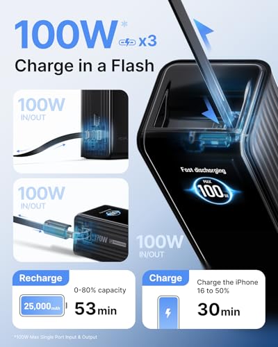 EF ECOFLOW Laptop Power Bank, 25000mAh Rapid Portable Charger, Triple 100W USB-C Ports, Built-in Retractable Cables, Fast Charging for iPhone 17/16 Series, MacBook, Samsung and More
