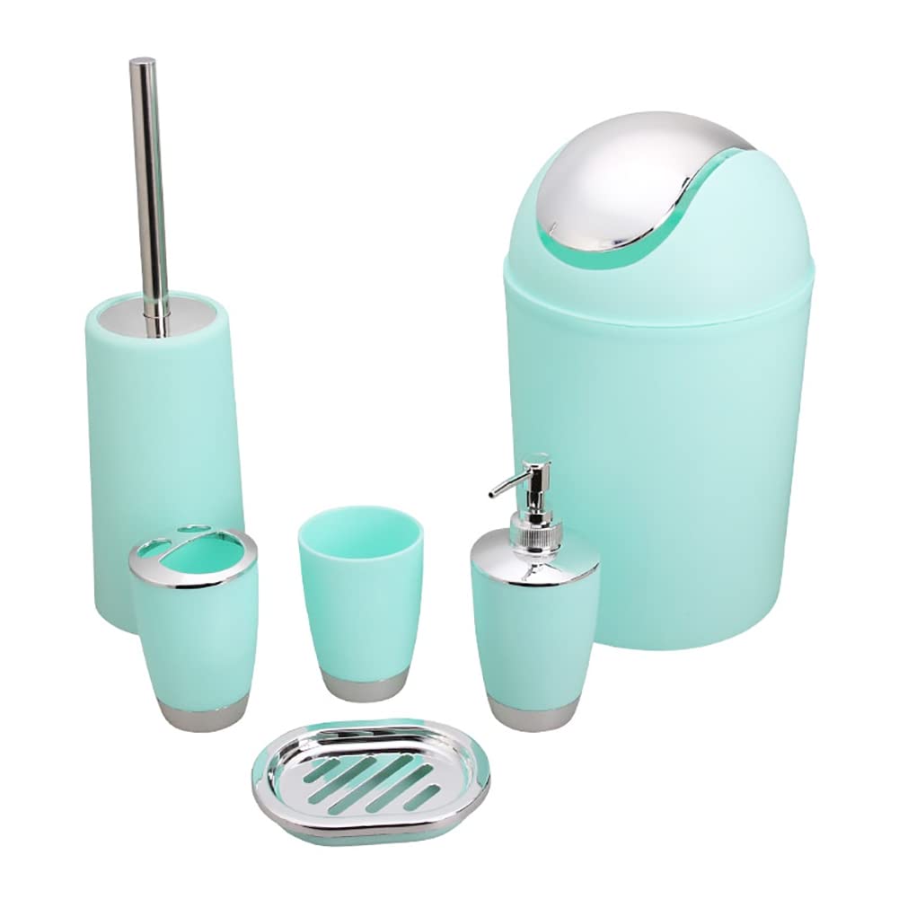 Worparsen 6Pcs Bathroom Accessories Set, Lotion Bottle Toothbrush Mouthwash Cup Waste Bin Soap Dish Toilet Brush Kit Mint Green