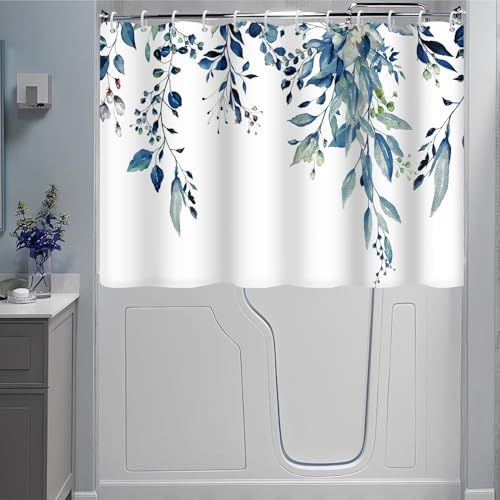 Ruelvth Cortina de ducha corta, impermeable, eucalipto azul primavera, con ganchos, para bañera o escalón, 72 x 48 pulgadas