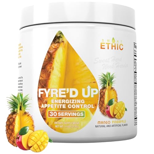 Image of Sweat Ethic FYRE'D UP Energizing Appetite Suppressant, 200MG Natural Caffeine, Supports Active Lifestyle & Craving Control, Easy-Mix Powder for Pre Workout Energy, Mango Pineapple Flavor, 30 Servings