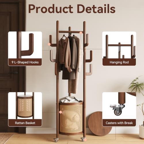 Yoobure Solid Wood Coat Rack - Rolling Clothes Rack with Rattan Basket - 4