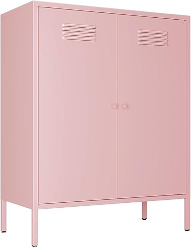 LINGZOE Armarios de metal rosa de 2 puertas con puertas y estantes, armarios de acero para dormitorio de niños