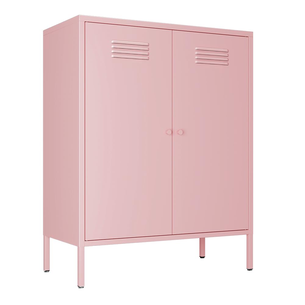 LINGZOE Pink Metal Locker Storage Accent Cabinets with 2 Adjustable Shelves, 3 Tier Metal Storage Cabinet with Legs, Steel Cupboard Lockers for Kids