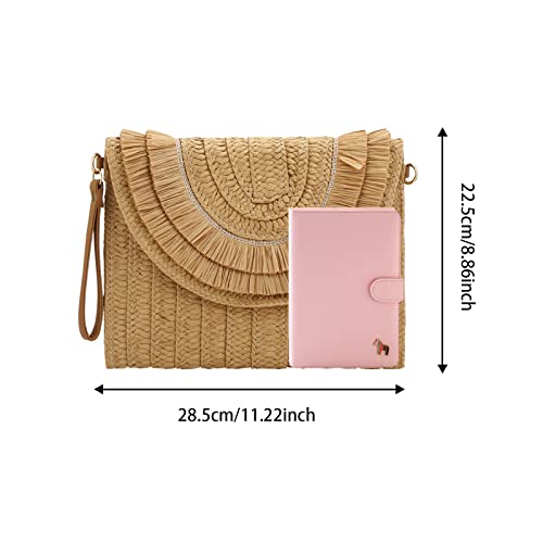 Gets Summer Handmade Crossbody Bag Straw Clutch Envelope Purse Wallet For Women (Raffia Fringed Khaki) #TOP1