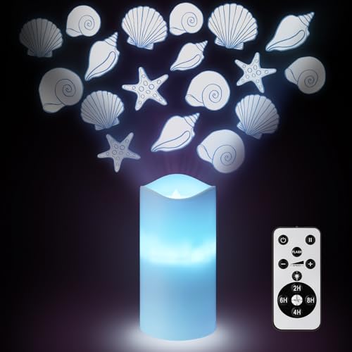 Image of Coastal Ocean Flameless Candle Projector Light Decor Summer Seashell LED Candle Battery Operated Night Light with Remote Timer for Wedding Seaside Beach Coastal Bachelorette Birthday Room Decoration