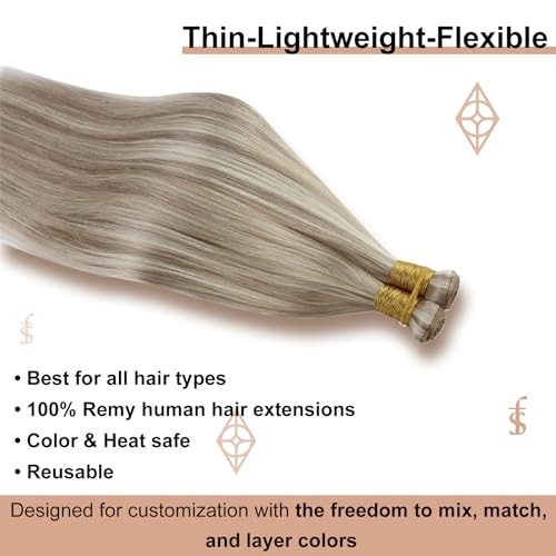 Full Shine 22 Inch Human Hair Weft Sew In Hair Extensions Real Human Hair Hand Tied Hair Extensions Straight Remy Hair For Women Color Ash Blonde Highlight Bleach Blonde Bundles Human Hair 60G - Image 3