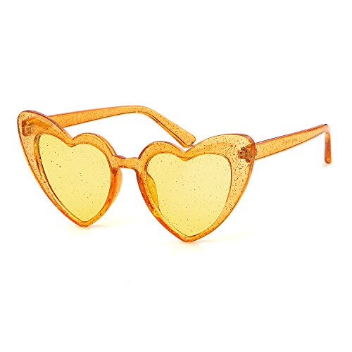 Clout Goggle Heart Sunglasses Vintage Cat Eye Mod Style Retro Kurt Cobain Glasses (Orange Glitter)