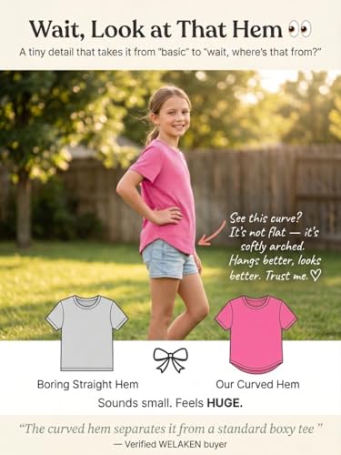 Image of WELAKEN Girls Soft T-Shirt with Curved Hem, Breathable Stretchy Rayon Crewneck Short Sleeve Tees, Kids Everyday Basic Top