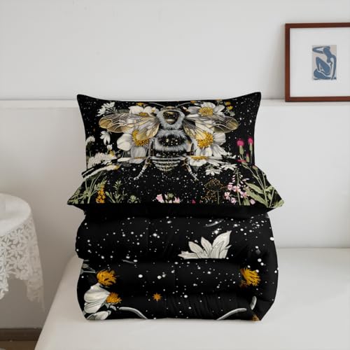 Image of Wildflower Bee Bedding Set for Boys Girl Full,Moon Phase Botanical Honeybee Kids Inner Fill Comforter Vintage Plant Nature Blossom Leaf Floral Garden Leaves Comforter Set,Bohemian Quilt Set Decor