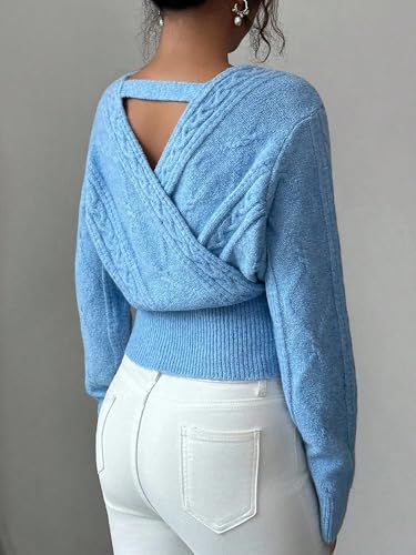 Image of ZAFUL Women's V Neck Cable Knit Sweater Long Sleeve Ribbed Crop Tops Wrap Surplice Solid Casual Pullover Jumper