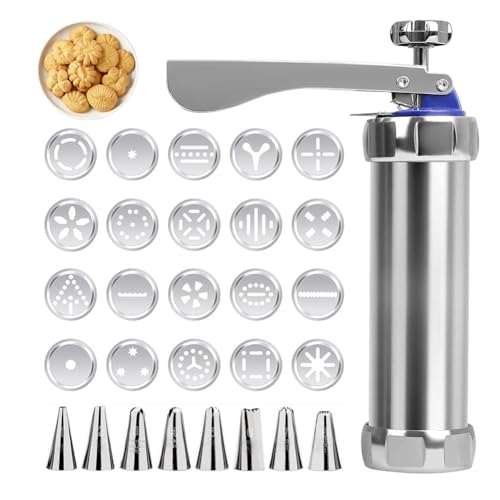 YNNHUDEEP Presse à Pâtisserie en Acier Inoxydable,Machine à Biscuits,Machine a Spritz Pistolet à Patisserie Presse à Biscuits Pistolet avec 20 Gabarits,8...