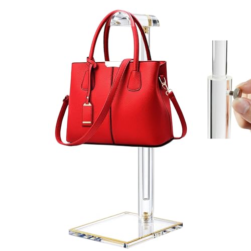 Acrylic Purse Display Stands 14-24 Adjustable Height Handbag Holder Clear Purse Rack Stands for Closet Retail Durable Gold Trim Hanging Bag Wallet Jewelry Necklace Organizer Stand(PATENT PENDING)