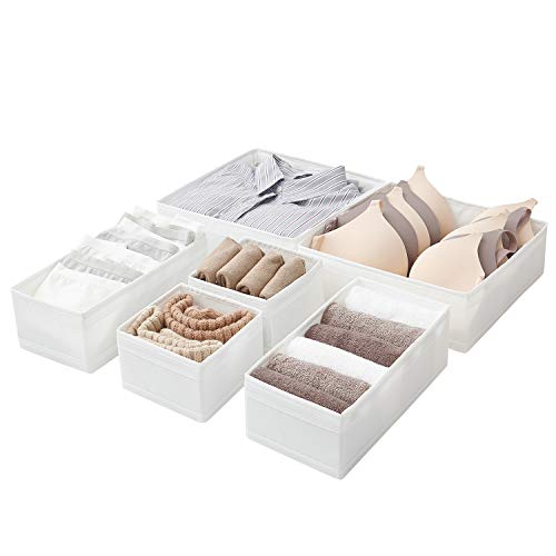 Hanspace 6 Pack in 3 Size Drawer Organizers for Clothing,Washable, Dresser Drawer Dividers For Clothes, Cabinet Closet Organizers for Clothes Underwear Sock Bra Lingerie Storage, Foldable Oxford Cloth White Color