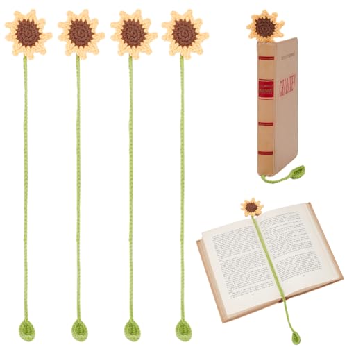 CRASPIRE 4Pcs Sunflower Bookmark Flowers Crochet Bookmark Floral Bookmarks Handmade Knitted Gifts Curtain Pendant Car Ornaments for Readers Book Lovers Writers Classmate Friend Gifts