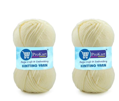 Image of ProKart Premium Woolen 4 ply Hand Knitting Wool Yarn | Fine Weight Knitted and Crocheted Soft Yarn for Sweater, Scarf, Hat, Baby Clothes, Baby Sports, Purse, Gift Bags & DIY Craft Accessories Projects (1 Ball /100 Gram Each) (Cream /Off-White, 100gms x 2 Pack)
