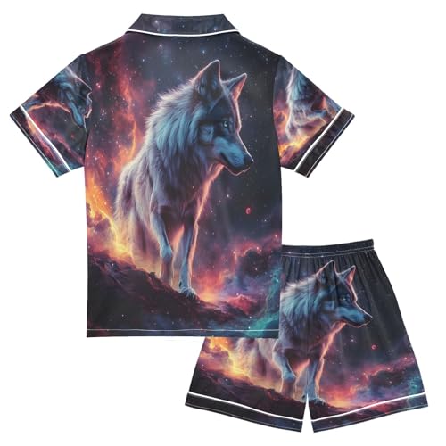 ALAZA Funny Galaxy Nebula Sky Wolf Satin Pajamas Set Short Sleeve Button Down Sleepwear Summer Pjs 2 Piece2