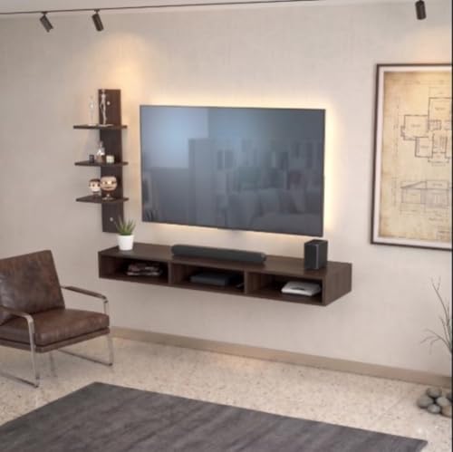 Image of Bros Moon Wall Mounted TV Cabinet, L-Shape, Choco White, MDF, Modern Style, Laminated Finish, for Living Room, Suits TV up to 55 Inches (Mocha Wenge, Single Pillar 32 Inches Base)