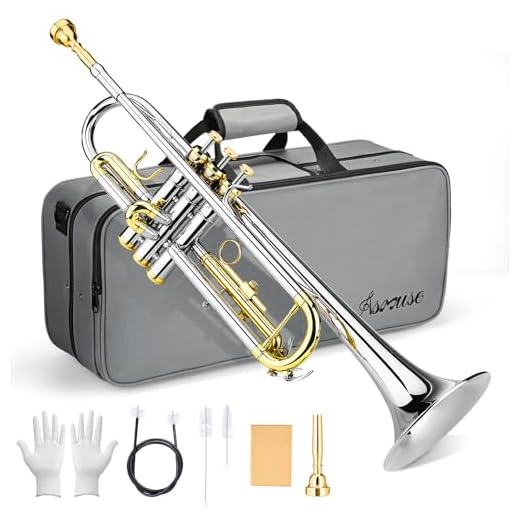 Asmuse Conjunto de trompete padrão Bb para iniciantes, instrumento de trompete de estudante de latão com estojo rígido (prata)
