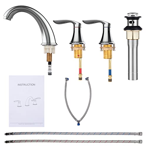 Bathroom Sink Faucet, Faucet for Bathroom Sink, Widespread Chrome Bathroom Faucet 3 Hole with Stainless Steel Pop Up Drain and cUPC Lead-Free Hose - (Chrome)