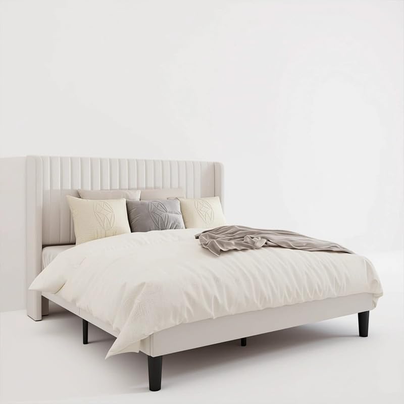 Image of Amazon Brand - Solimo Wood Lark Modern Upholstered King Size Bed with Wingback Headboard | Durable Wooden Double Bed Cot Palang Without Storage Furniture for Home, Hotel (White)